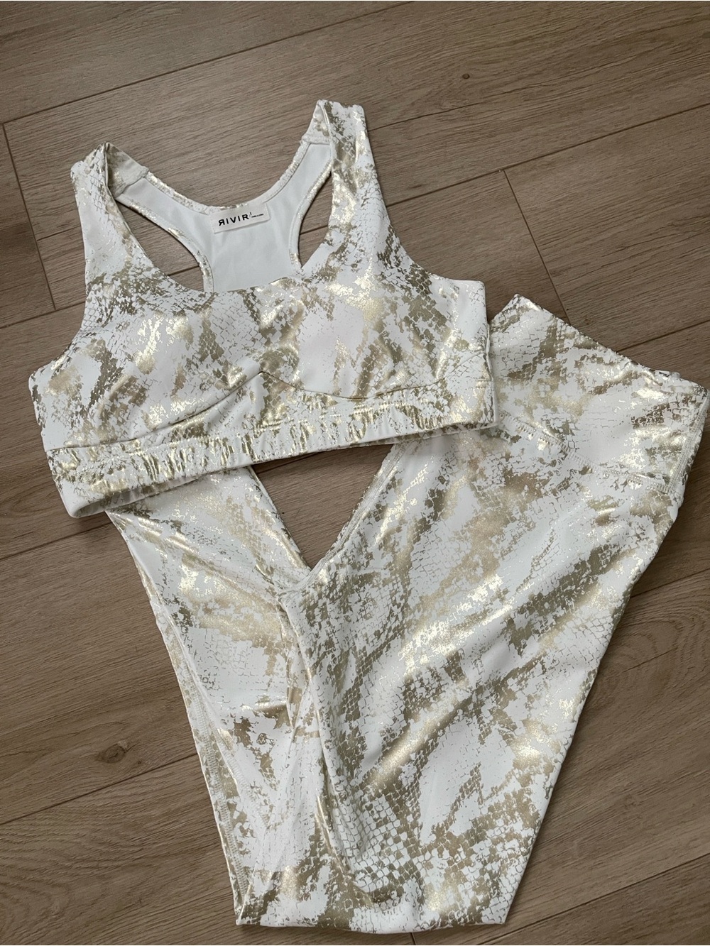 RIVIR Metallic Gold & White Snake-Print Leggings